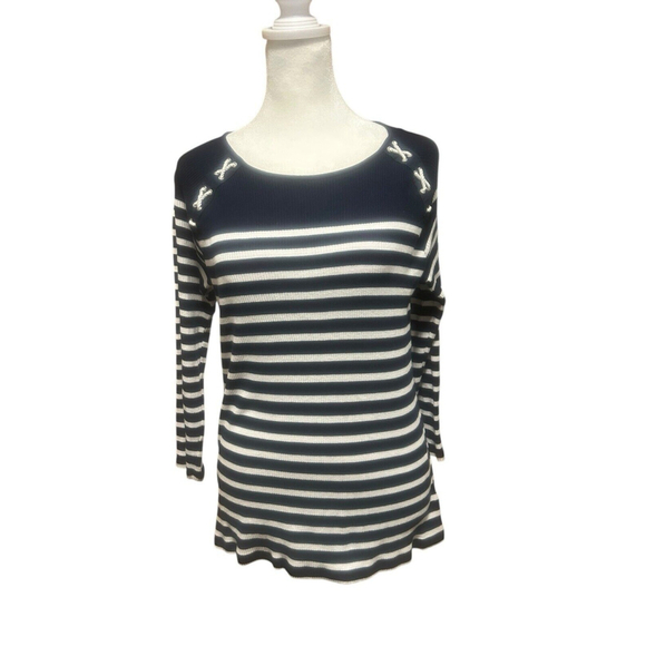 Lauren Ralph Size Medium Lauren Navy Blue‎ Striped Ribbed Blouse - Picture 1 of 5